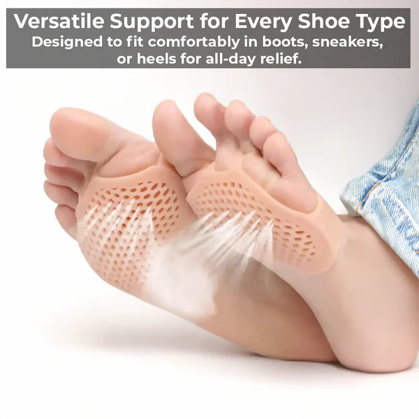 Soft, washable gel metatarsal pads for ultimate forefoot comfort. Breathable design supports arches in any shoe.