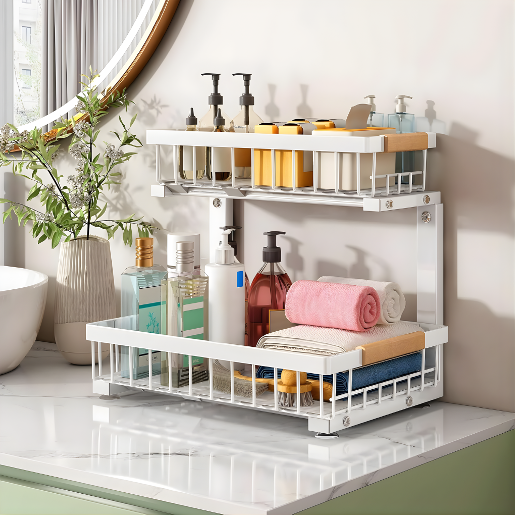 Efficient pull-out under sink storage organizer for cabinets. Home organization with smooth sliding shelves.