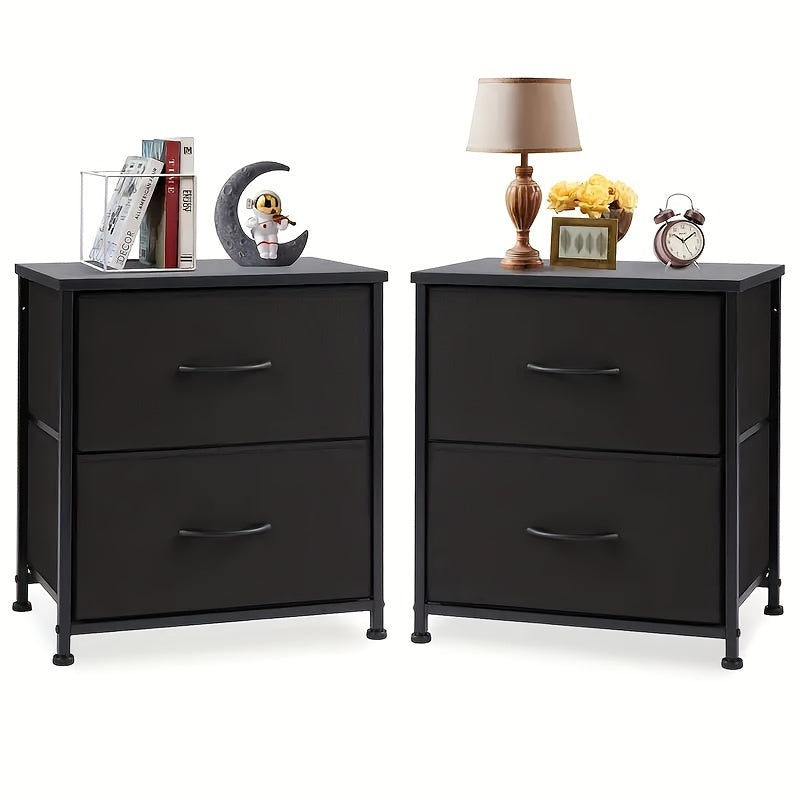 Pair of sleek modern nightstands featuring deep storage drawers for small bedroom spaces.