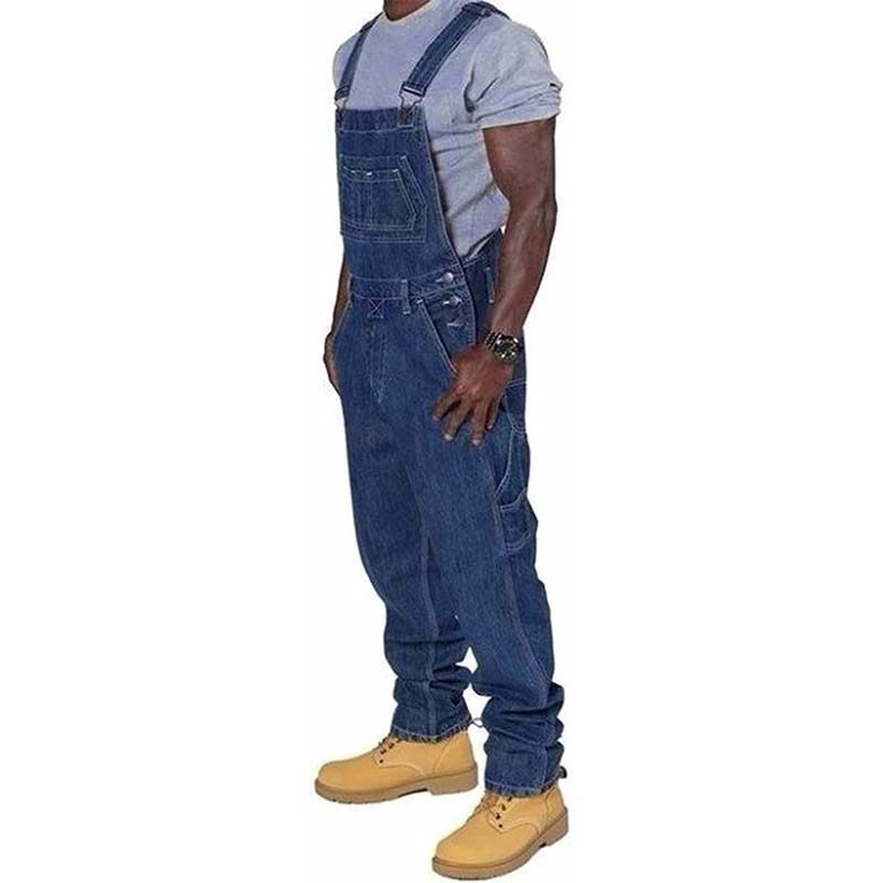 Stylish men's utility jumpsuit, loose fit bib overalls with ample pockets, suitable for workwear and casual outfits.