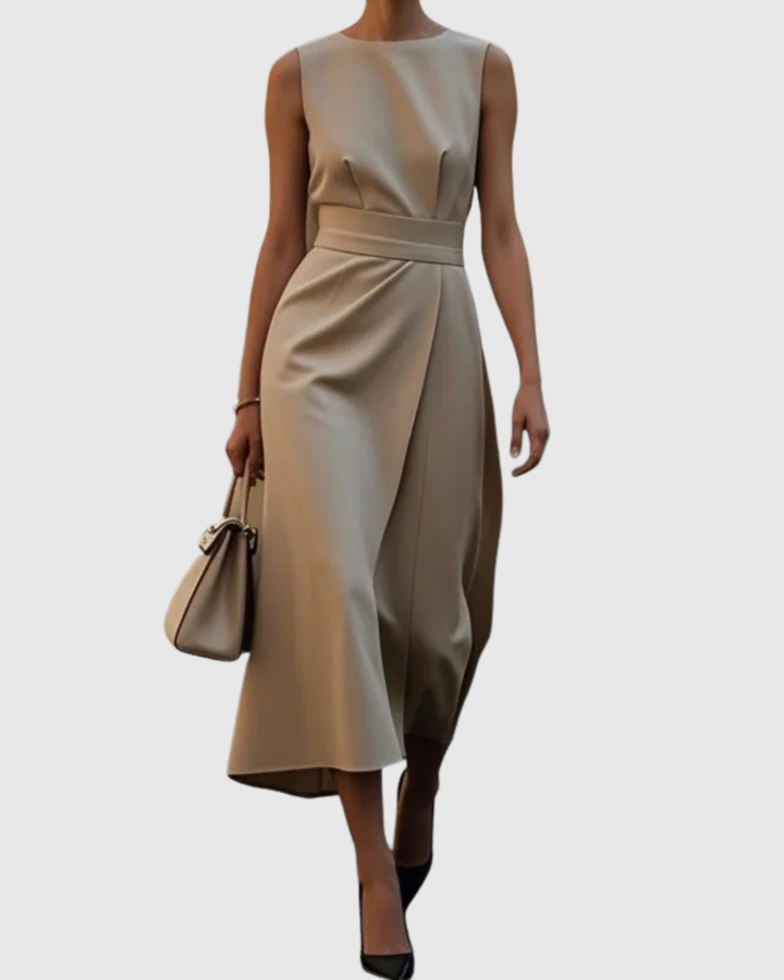 Stylish women's sleeveless round neck below-knee dress. Elegant pleated waist & side zip detail for a polished look.