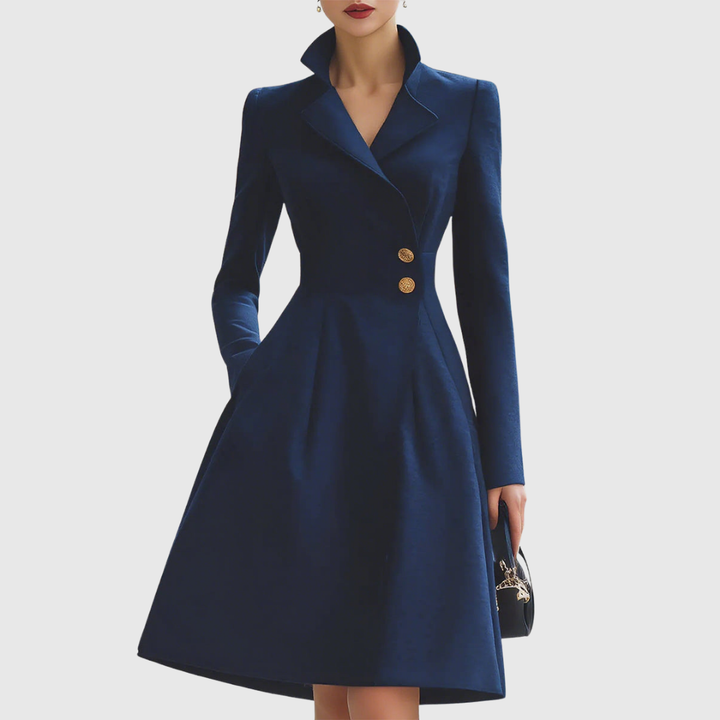 Women's tailored navy coat dress with collar, long sleeves, and front buttons. Ideal for office or formal wear.