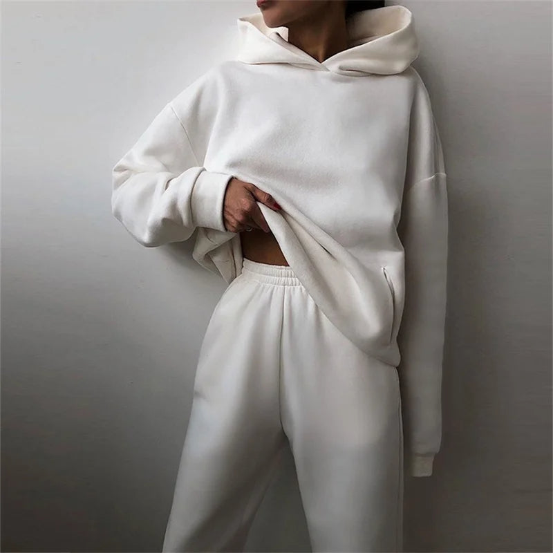 Full view of women's Serenity two-piece set: a cozy relaxed-fit hoodie paired with comfortable joggers.