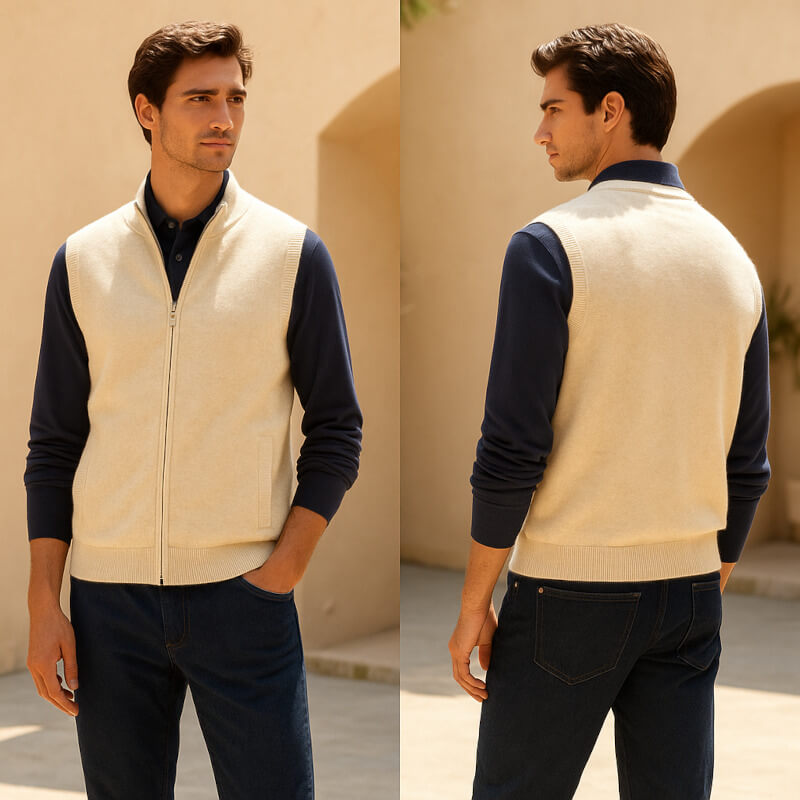 Effortless men's full-zip vest, a comfortable outerwear piece for everyday use.