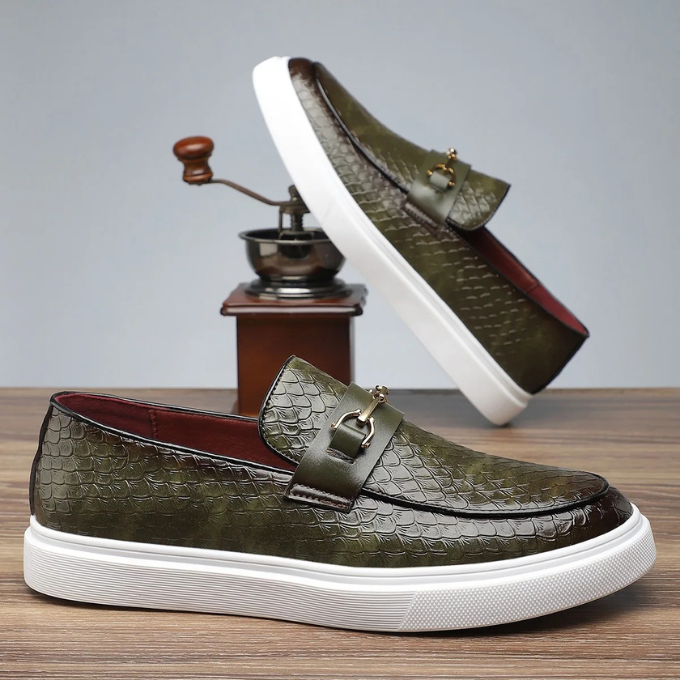 Close-up of men's Siena loafers, showcasing sleek design and quality craftsmanship.