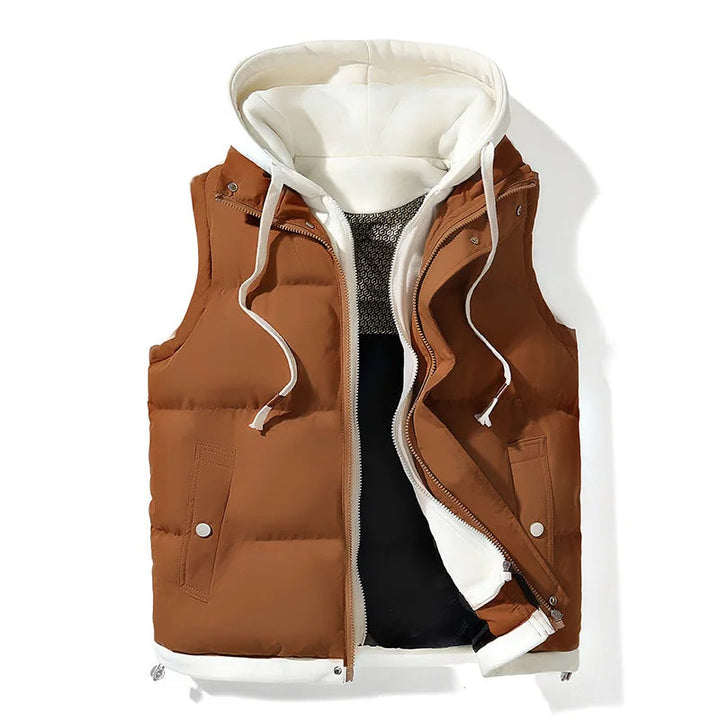 Men's black hooded puffer gilet, ideal for layering over sweaters, providing warmth and everyday style.