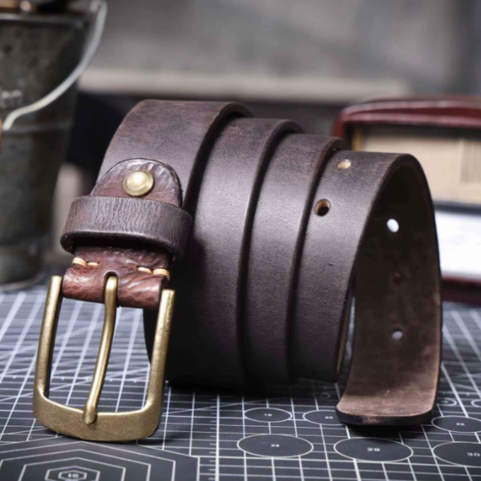 Premium full grain brown leather belt for men, ideal for office or casual wear.