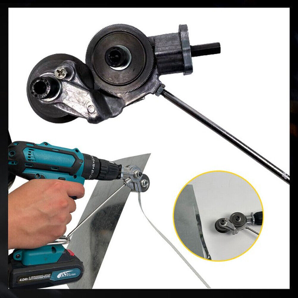 Heavy-duty sheet metal cutter attachment. Ideal for cutting iron, steel, and aluminum sheets with an electric drill.