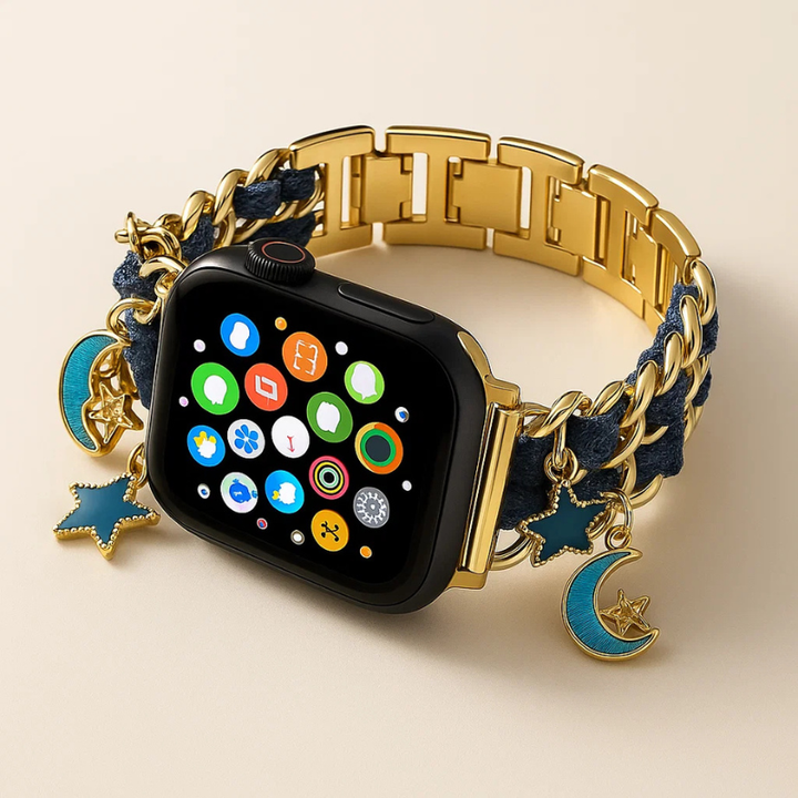 Rose gold customizable smartwatch strap with unique charms. A stylish and elegant accessory for smartwatches.