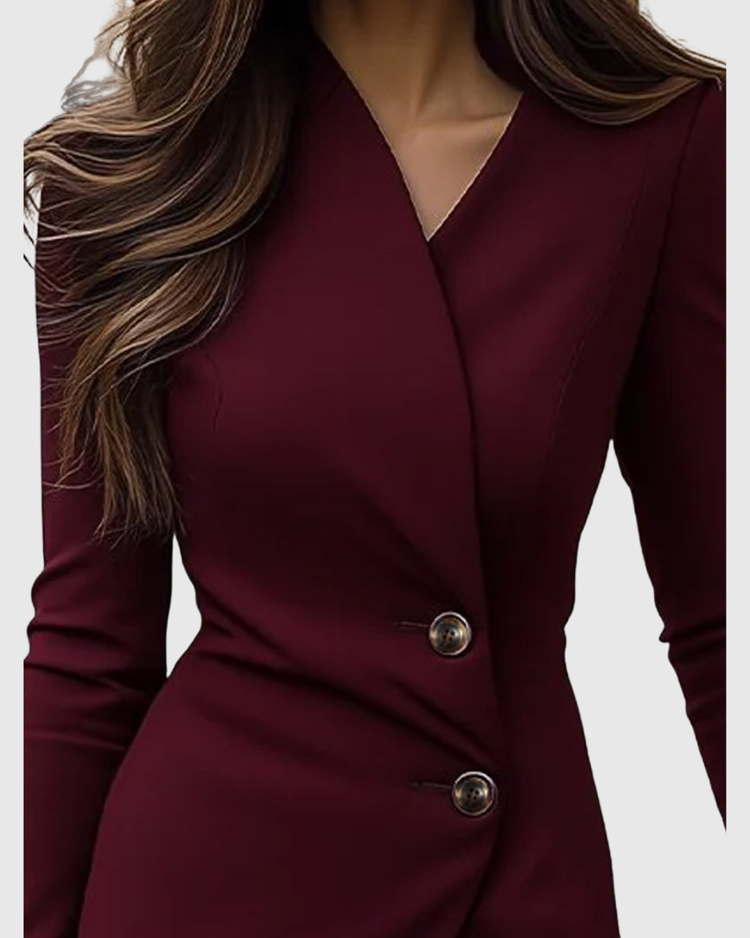 Elegant women's burgundy wrap midi dress with long sleeves and stylish button detail, suitable for formal occasions.