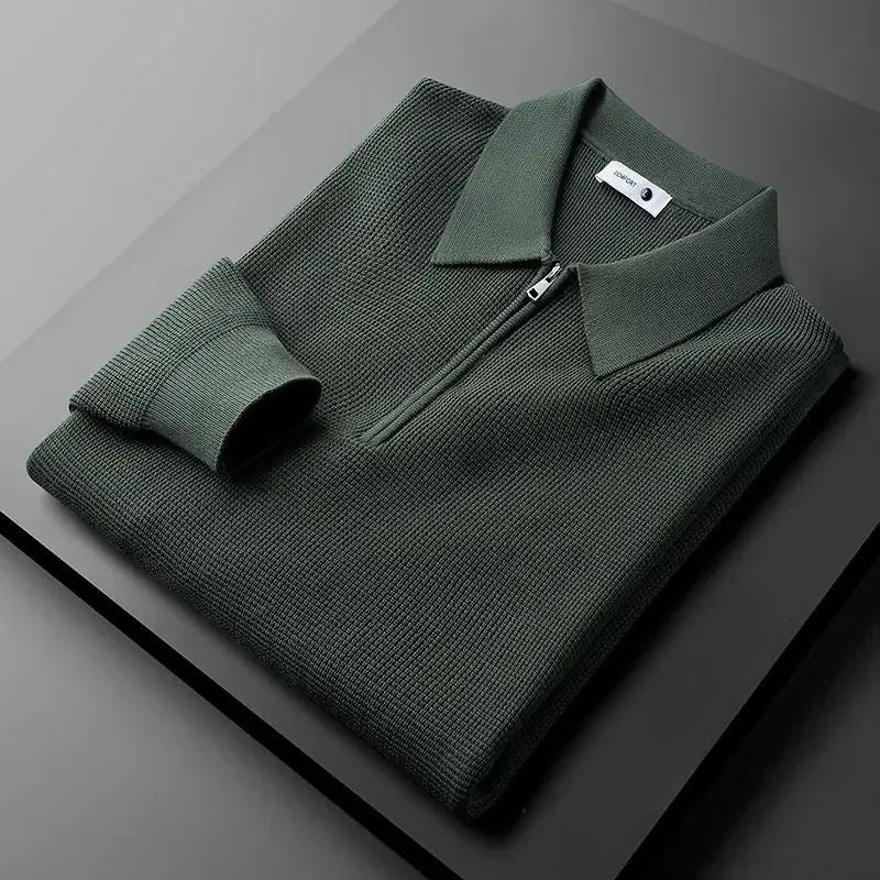 Stylish unisex zip collar pullover sweater. A must-have for cozy fall outfits & comfortable winter fashion.
