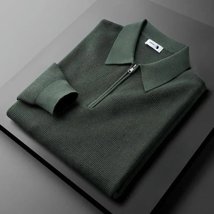 Stylish unisex zip collar pullover sweater. A must-have for cozy fall outfits & comfortable winter fashion.