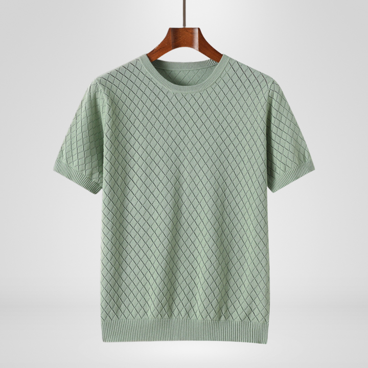 Men's elevated diamond-textured crewneck sweater in a stylish charcoal grey, perfect for casual or smart-casual wear.