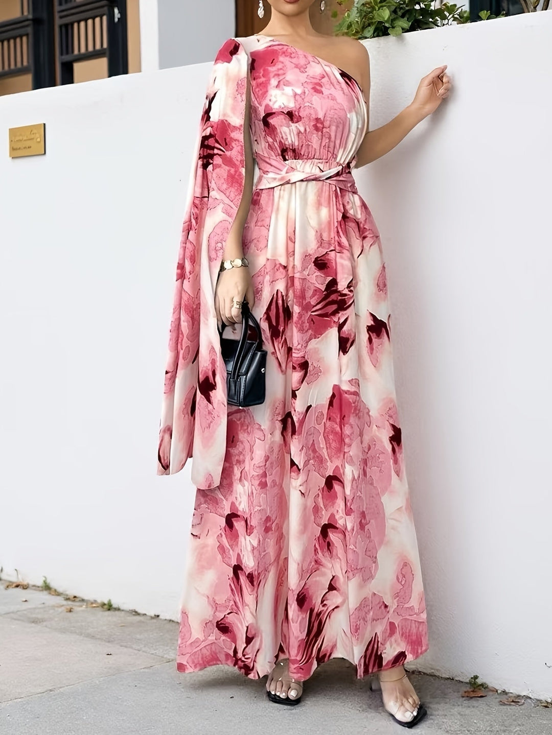 Chic one-shoulder maxi dress for women. Beautiful floral pattern, perfect formal wedding guest attire.