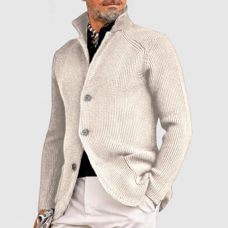 Men's versatile fall fashion cardigan. Rib knit design with a shawl collar, suitable for layering.