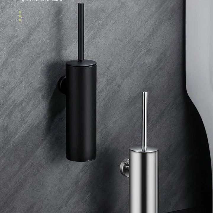 Modern wall-mounted toilet brush, ideal for a clean & organized bathroom. Space-saving, rust-resistant accessory.