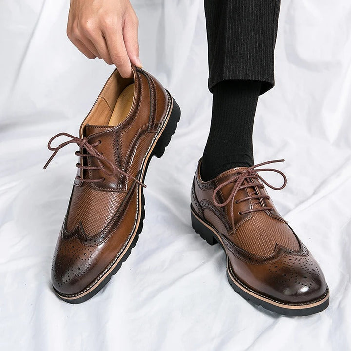 Stylish men's black leather brogue shoes with decorative perforations. Perfect formal or smart casual footwear for professionals.