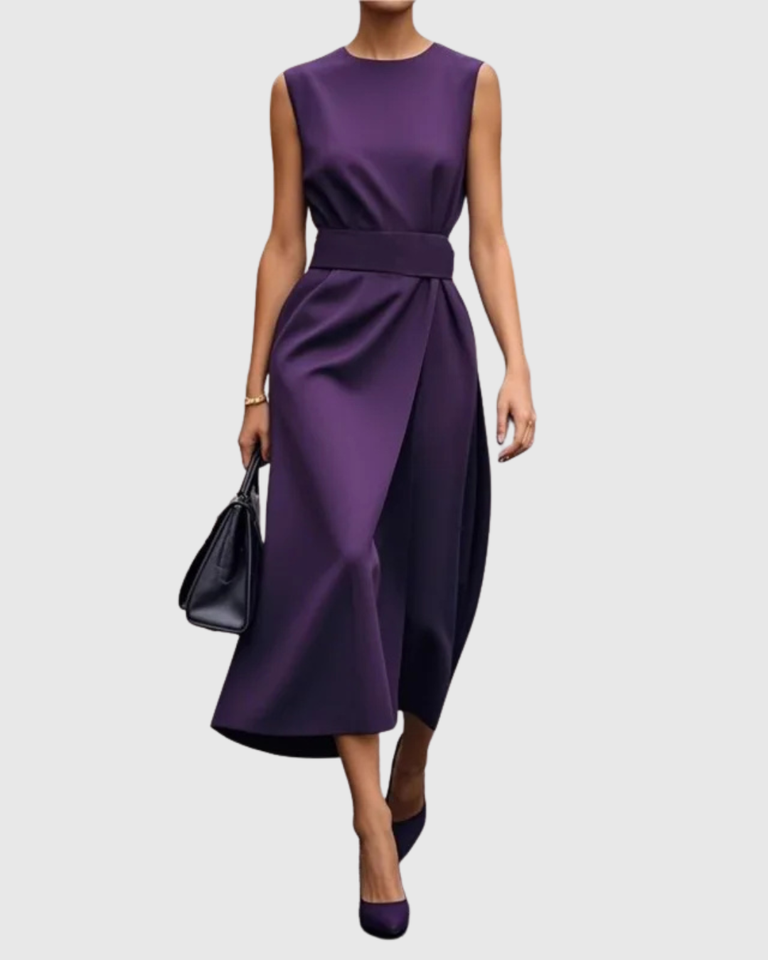 Comfortable women's sleeveless round neck midi dress with a flattering pleated waist. Elegant and versatile for any occasion.