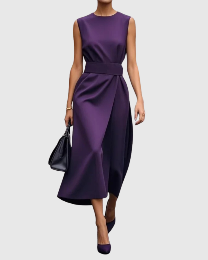 Comfortable women's sleeveless round neck midi dress with a flattering pleated waist. Elegant and versatile for any occasion.