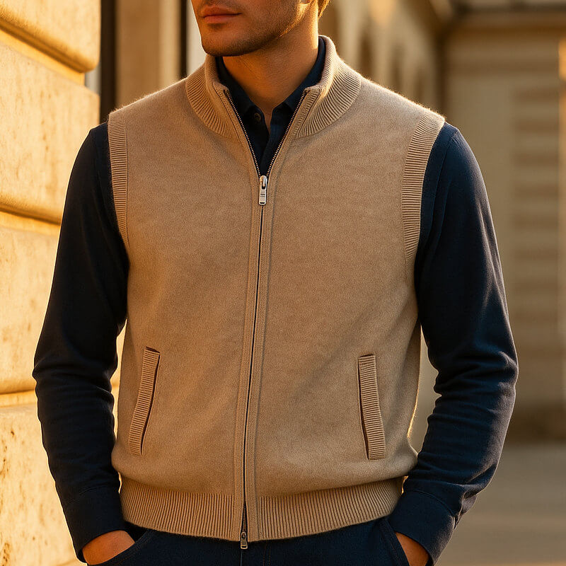 Stylish men's full-zip vest, perfect for smart casual fall outfits & winter layering.