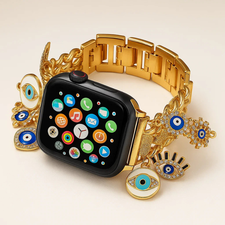 Stylish unisex customizable charm smartwatch band in rose gold, featuring an elegant evil eye design accessory.
