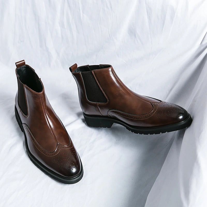 Comfortable & durable men's dress boots, chelsea style with elegant brogue, ideal for everyday.