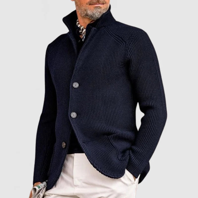 Casual men's button-front rib knit cardigan sweater for versatile layering. Ideal for fall & winter.