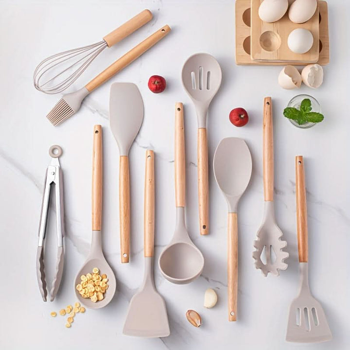 12-piece silicone kitchen utensil set, heat resistant and dishwasher safe for all your cooking needs.