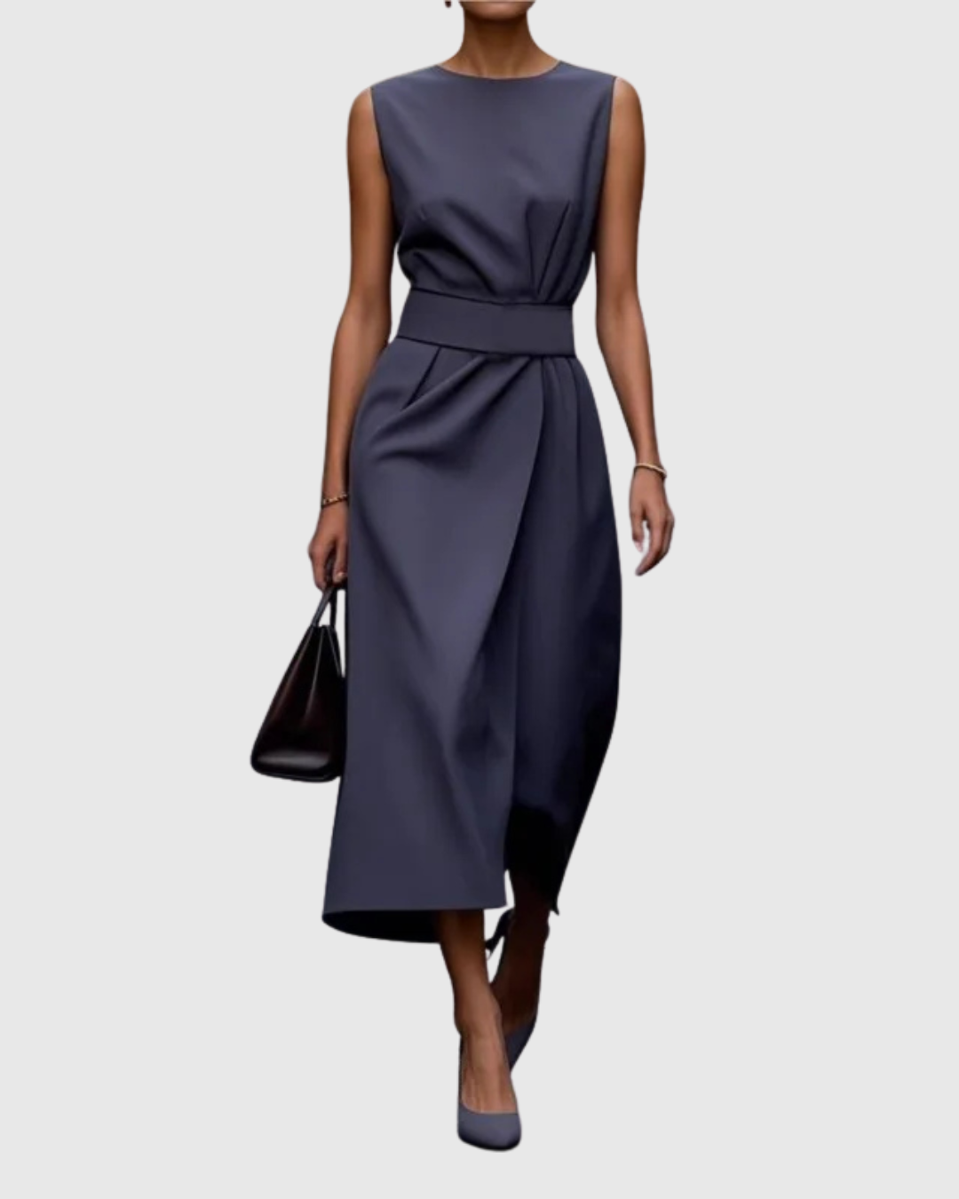 Modern women's sleeveless round neck midi dress. Features a stylish below-knee cut and convenient side zip.