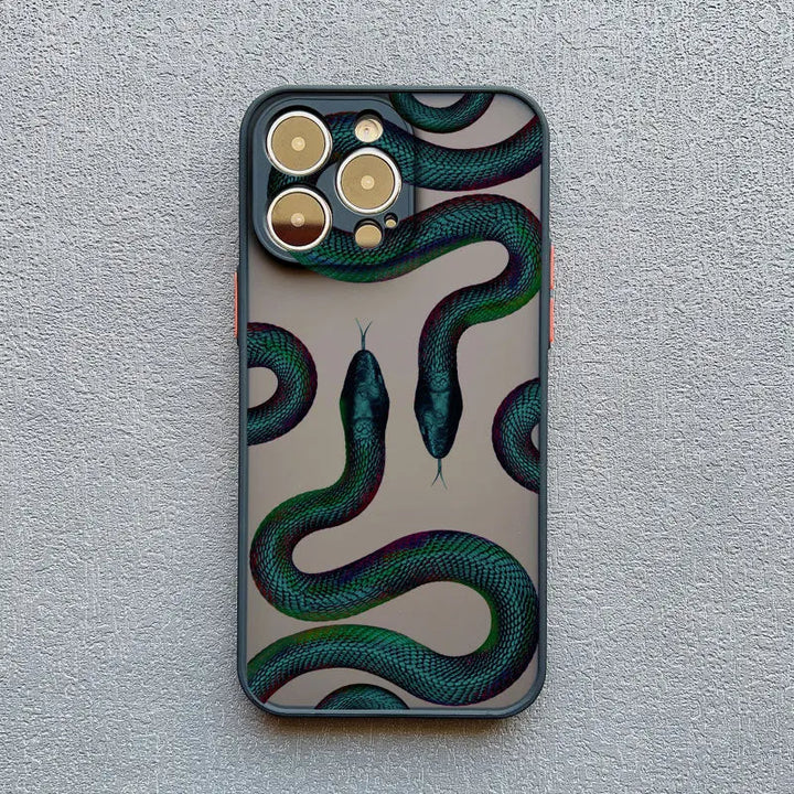 Detailed serpent motif on a sleek, protective women's iPhone case, a luxury accessory.