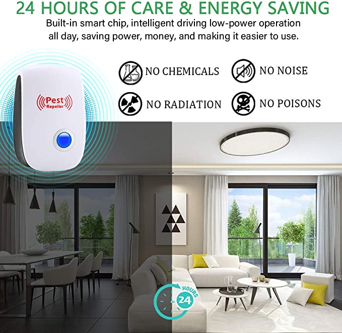Modern ultrasonic pest repeller. Discreet design for home protection against rats, rodents & common insects. Pet & child safe.