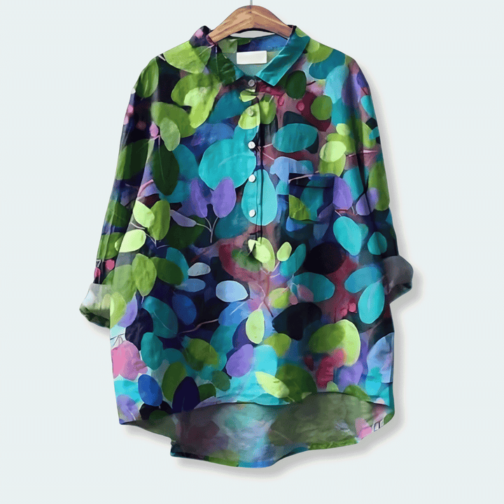 Elegant women's floral long blouse, loose fit & button front, perfect for casual chic spring fashion.
