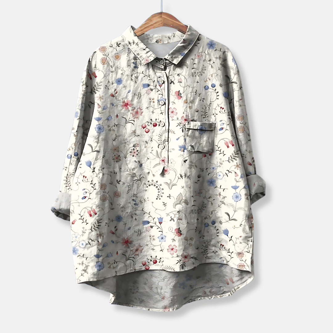 Comfortable loose fit women's floral long sleeve blouse, button front, ideal for effortless summer style.