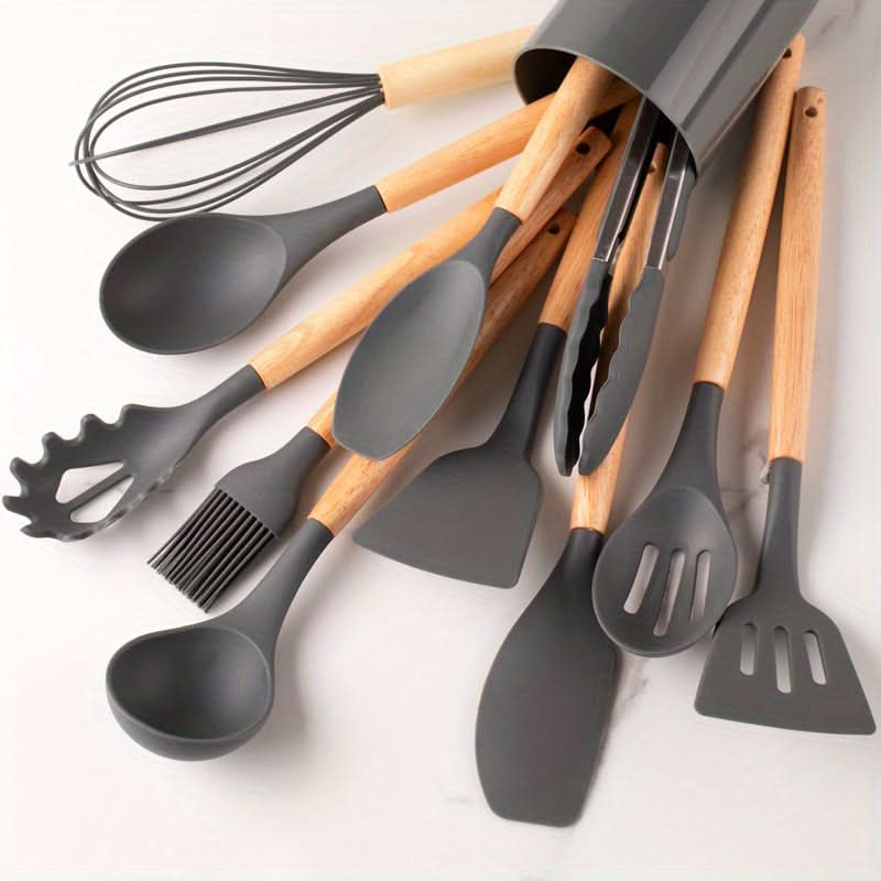Modern 12-piece silicone cooking & baking tools, heat resistant, dishwasher safe, great for new kitchens.