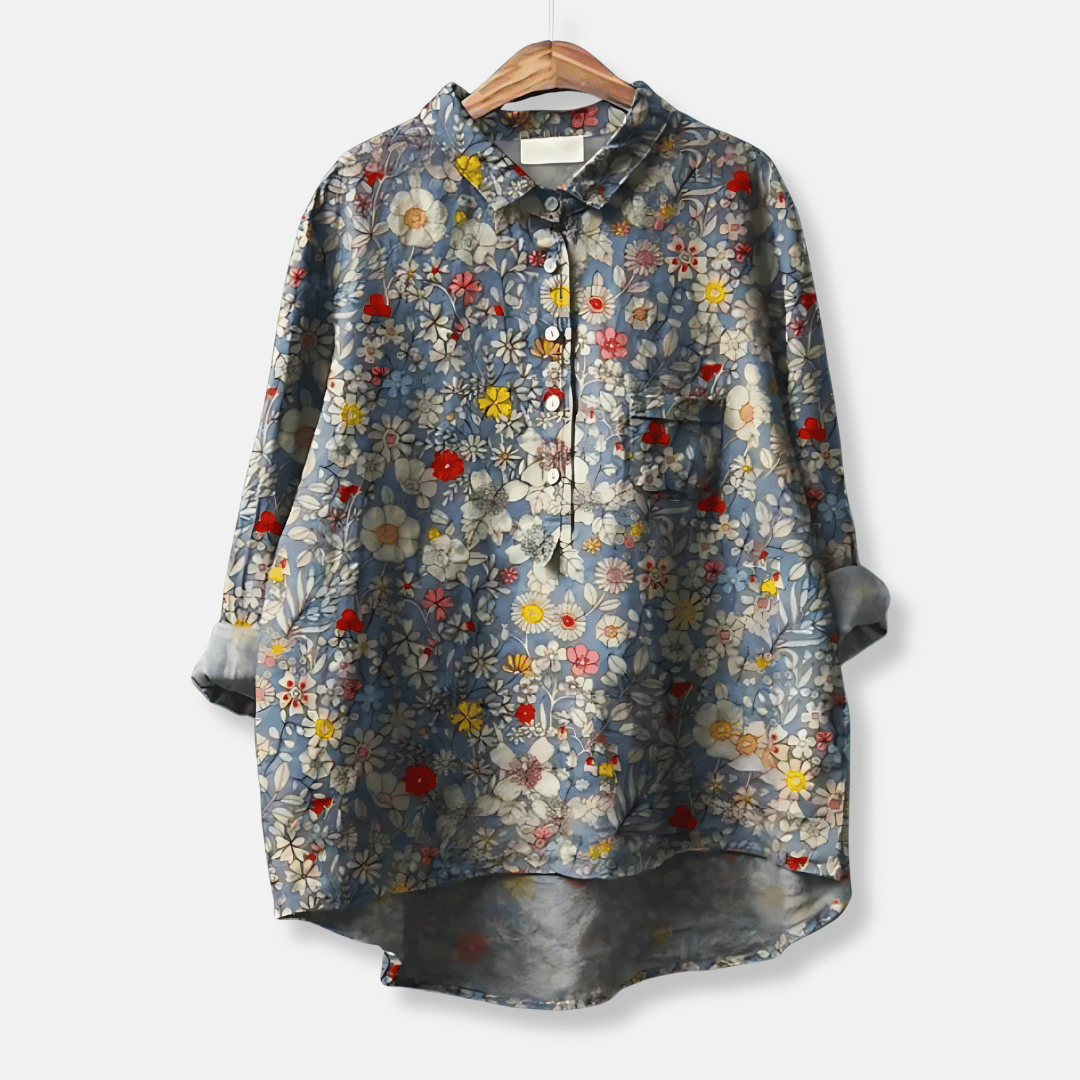 Versatile women's floral long blouse, loose fit, button front. Transitions from casual chic to elegant summer wear.