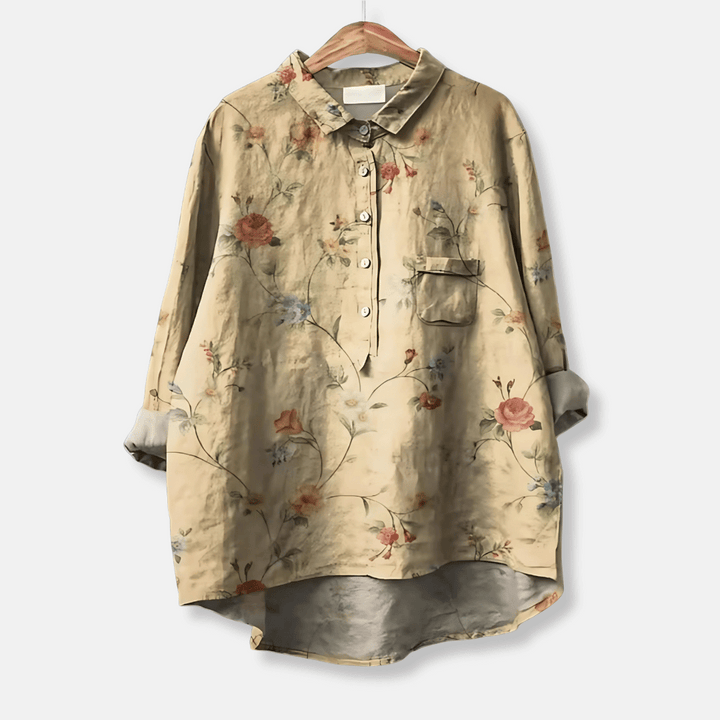 Effortless floral style women's loose fit long blouse, long sleeve & button front, for chic spring looks.