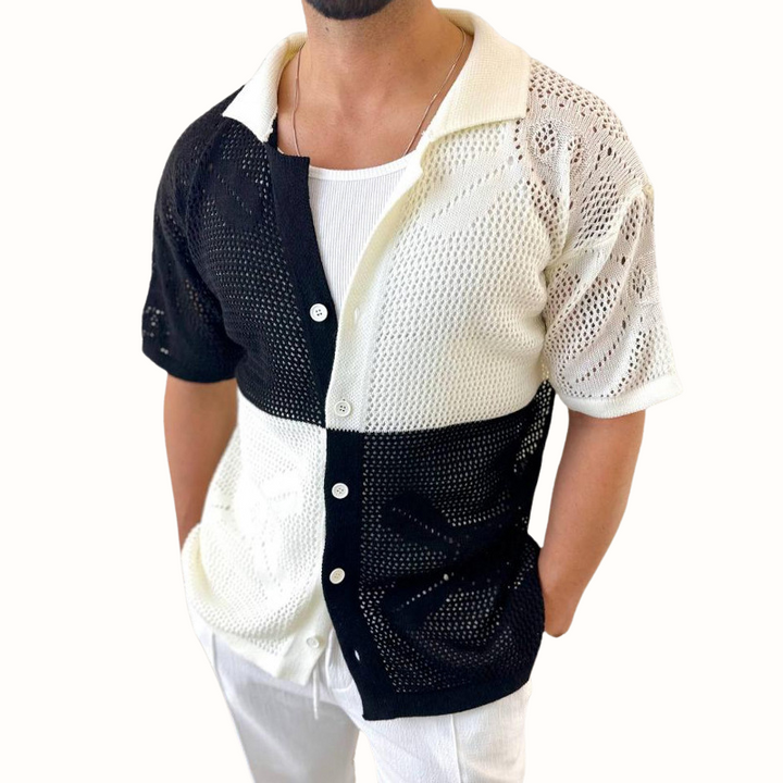 Perforated Casa Milo men's shirt. Unique textured casual summer top, short sleeve, ideal for warm weather.