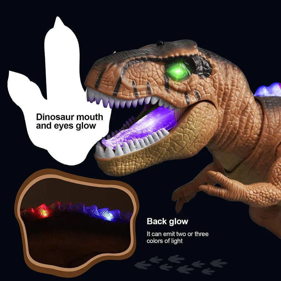 Child operating a walking T-Rex dinosaur toy using its easy-to-use remote control.