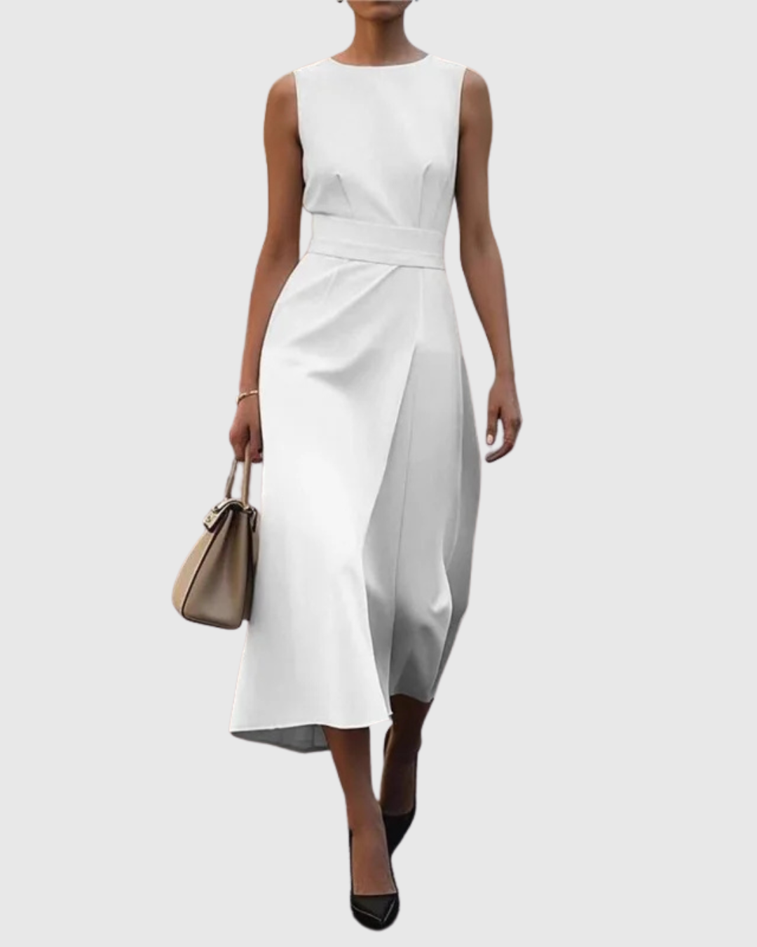 Versatile women's midi dress. Sleeveless, round neck, below-knee, and pleated waist design for elegant spring/summer wear.