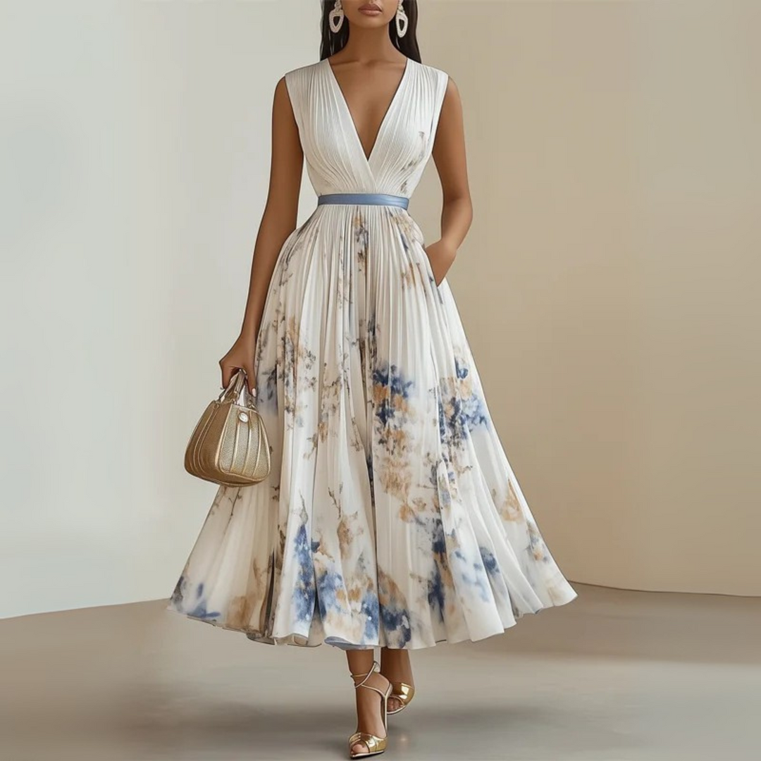 Formal women's evening gown: a pleated V-neck maxi dress with a flattering cinched waist and pockets.