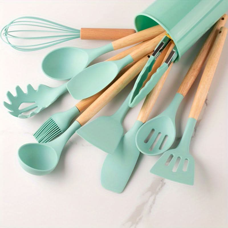 High-quality 12-piece silicone kitchen set, designed for heat resistance, non-stick safety & easy cleaning.