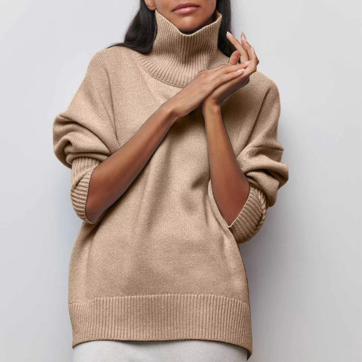 Cozy oversized knit turtleneck sweater for women. A warm and comfortable fall/winter top.