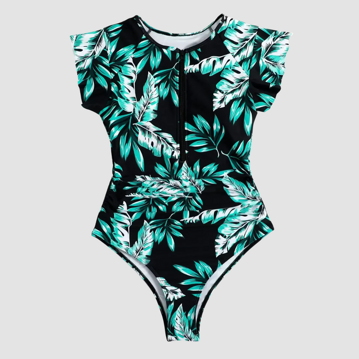 Stylish women's one-piece swimsuit with front zipper detail, perfect for poolside & resort wear.