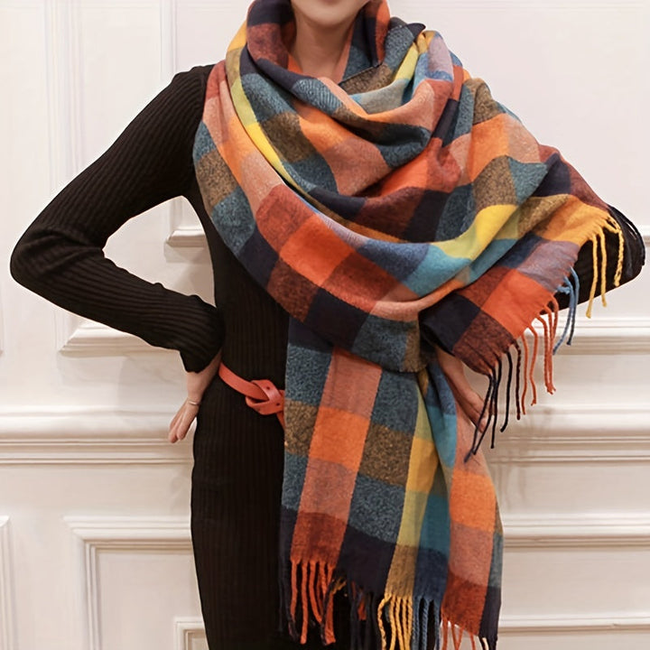 Unisex oversized plaid scarf with cozy tassels, a stylish winter fashion accessory perfect for fall and cold weather.
