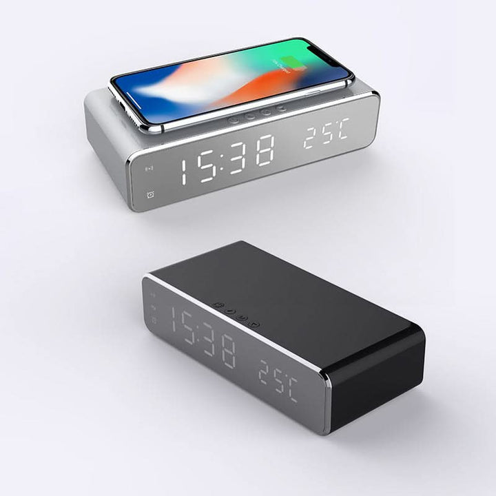 Stylish black & gray digital LED alarm clock with fast wireless phone charger for modern homes.
