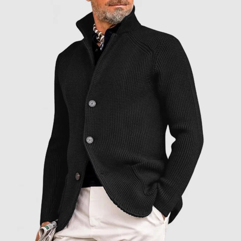 Comfortable men's knitwear cardigan featuring a ribbed texture. Great for everyday cozy winter wear.