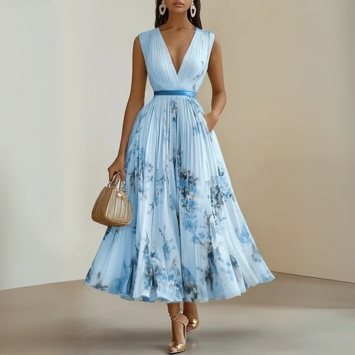 Comfortable women's V-neck pleated maxi dress with a cinched waist and hidden pockets for evening wear.