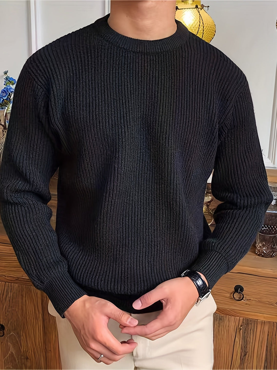 Stylish men's classic crew neck long sleeve top, perfect as a versatile everyday pullover.
