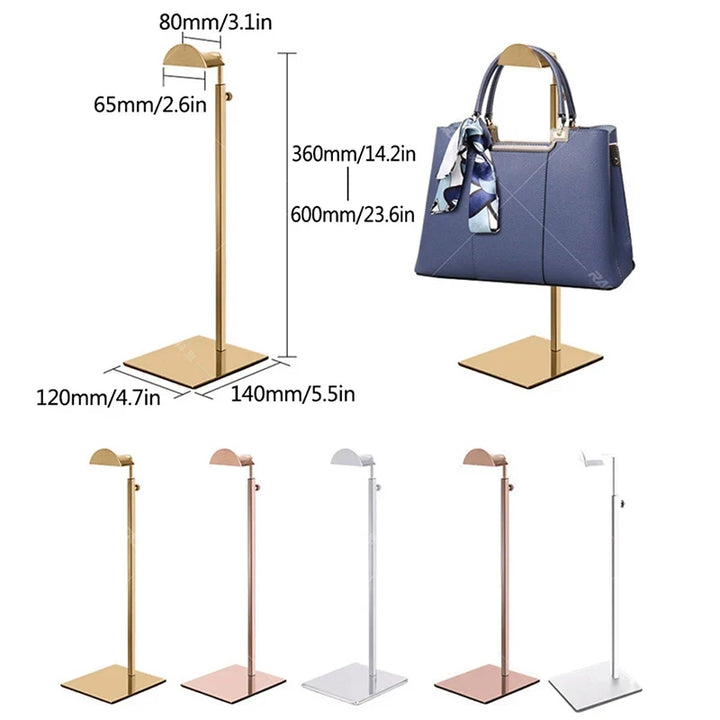 Rose gold adjustable stainless steel handbag stand for luxury purses. Perfect bag display for retail or home.