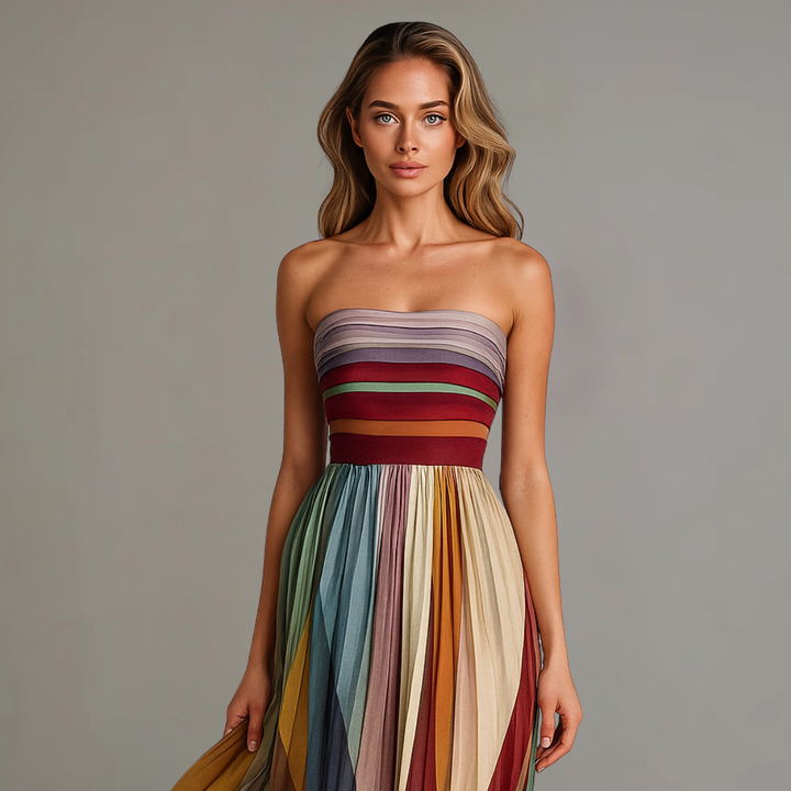 Elegant women's strapless colorblock maxi dress with stylish pleats, ideal for a formal event or party.